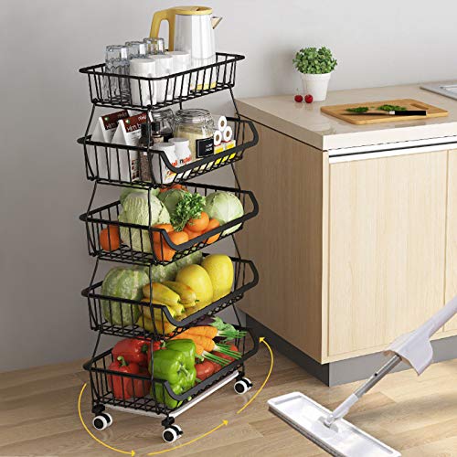 BRIAN & DANY 5 Tier Vegetable Storage Rack, Stackable Fruit Vegetable Stand with Lockable Casters and 5 S-Hooks for Kitchen, Pantry, Bathroom, Garage