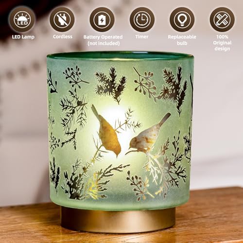 MJ PREMIER Battery Operated Table Lamps, Battery Lamps Indoor Glass Shade, Cordless LED Lamps with Timer, Gold-Tone Metal Base, Teal Lamps for Living Room/Bedroom/Home Decor
