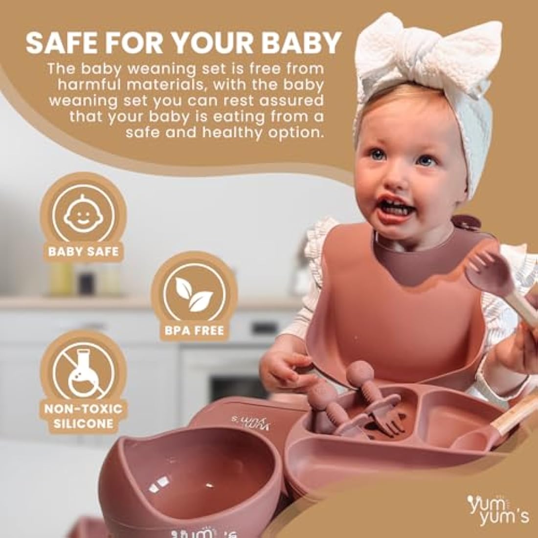 Yum Yum's Baby 10 Pcs Pink Weaning Set - Complete Toddler Feeding Kit w/Sectioned Plate, Suction Bowls, Cutlery with Mouth Guard, Straw Cup, Bib & Mat - Non-Slip - for Toddlers & Baby Gift
