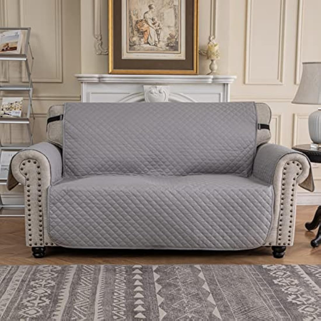 XINEAG Quilted Sofa Covers 2 Seater, Water Resistant Loveseat Covers Sofa Slipcovers with Pockets, Non Slip Sofa Cover for Dogs, Washable Furniture Protector with Elastic Strap (Loveseat, Light Grey)