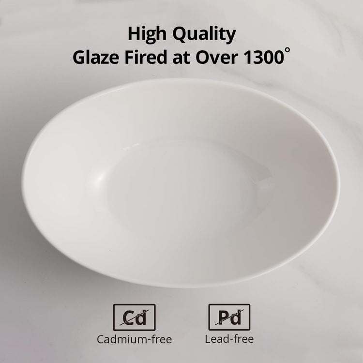 LIFVER Salad Bowl, 36oz White Porcelain Bowls Set of 4 for Pasta, Cereal, Soup, Dessert, Ramen, Microwave & Dishwasher Safe Oval Serving Bowl, 9" x