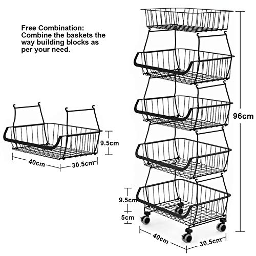 BRIAN & DANY 5 Tier Vegetable Storage Rack, Stackable Fruit Vegetable Stand with Lockable Casters and 5 S-Hooks for Kitchen, Pantry, Bathroom, Garage
