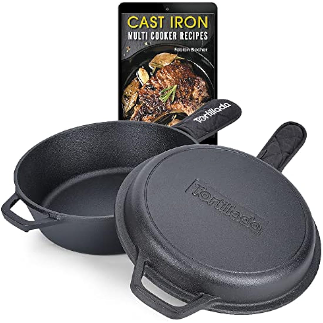 Tortillada - Cast Iron Skillet (26 cm) & Pot | Dutch Oven (3.5 Liter) | Preseasoned Cast Iron Combo Cooker + Handle Holder + E-Book with 50 Recipes, Kitchen Cookware