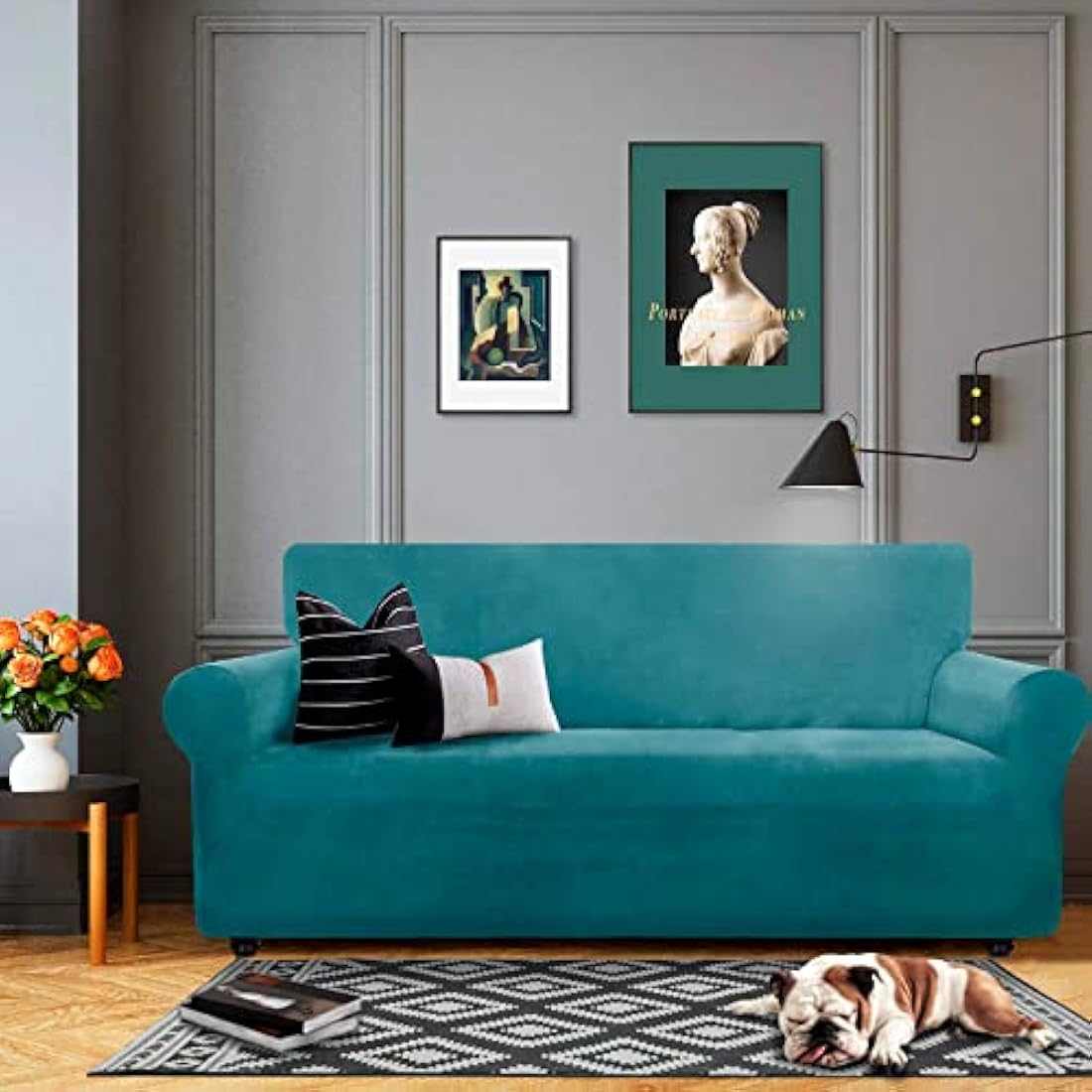 XINEAGE 1 Piece Velvet Couch Covers for 3 Cushion Couch Living Room High Stretch Sofa Cover Pets Dogs Friendly Anti Slip Thickened Slipcovers Furniture Protector (3 Seater, Peacock Blue)