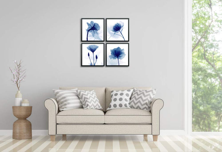 Wieco Art Black Framed 4 Panels Blue Flickering Flower Modern Canvas Wall Art Grace Floral Pictures on Canvas Prints for Bedroom Office Home