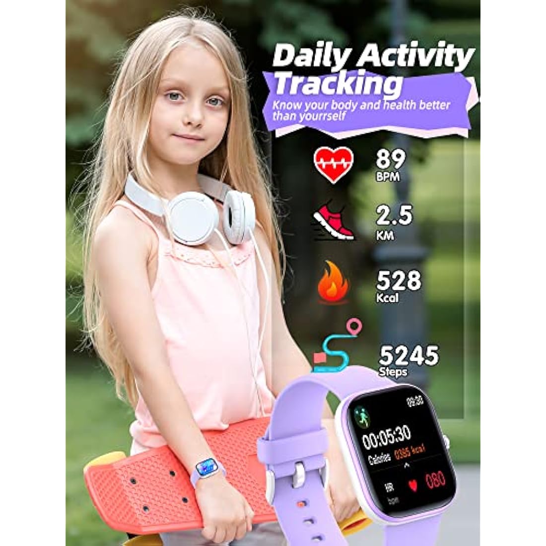 Slothcloud Kids Smart Watch for Boys Girls,IP68 Waterproof Fitness Activity Tracker Watch,Heart Rate Sleep Monitor,8 Sport Modes,Pedometers,Calories Counter,Alarm Clock,Kids Gifts Teens 5+ (Pruple)