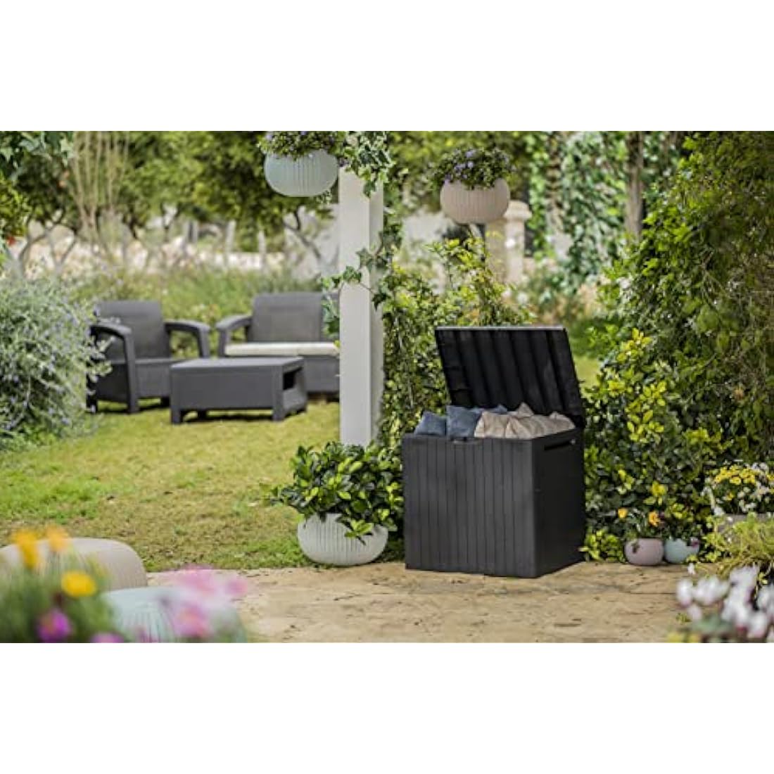 Keter City 113L Outdoor 96% recycled Small Balcony Garden Furniture Storage Box Grey Wood Panel Effect | Fade Free | All Weather Resistant | Safe and Secure | Zero Maintenance | 2 year Warranty