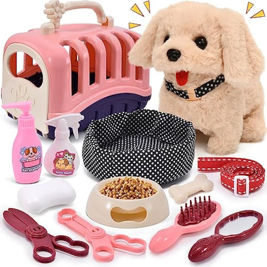 Tacobear Electronic Pets Toy Plush Puppy Dog for Kids, Pet Carrier Grooming and Feeding Playset, Interactive Dog Walking Barking Wagging Tail Educational Toys for Toddler Kids Gift