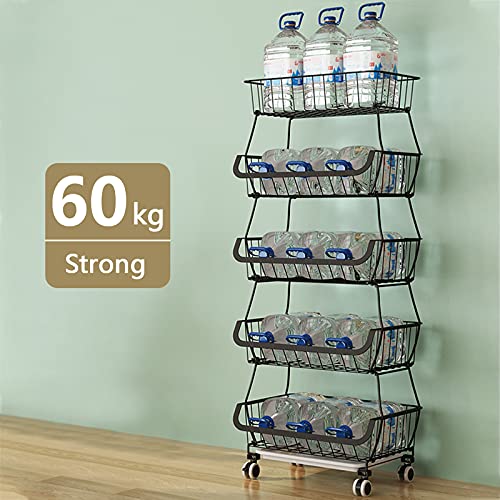 BRIAN & DANY 5 Tier Vegetable Storage Rack, Stackable Fruit Vegetable Stand with Lockable Casters and 5 S-Hooks for Kitchen, Pantry, Bathroom, Garage