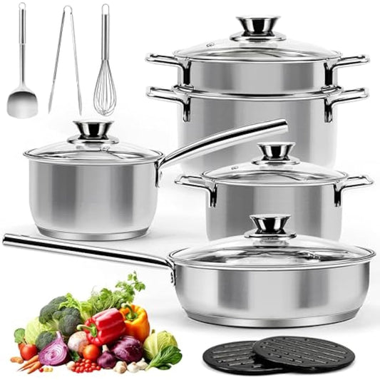 14-Piece Stainless Steel Cookware Set with Glass Lids