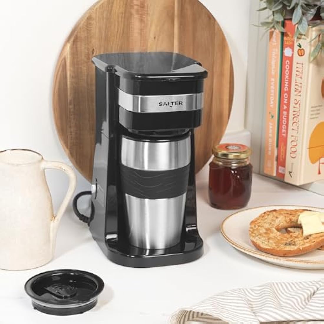 Salter One Cup Coffee Maker – Filter Coffee Machine, Washable & Reusable Filter, Includes 420ml Stainless Steel Travel Mug, Brew Coffee To Go In 3-4 Minutes, Suitable For Ground Coffee/Pads, EK2408