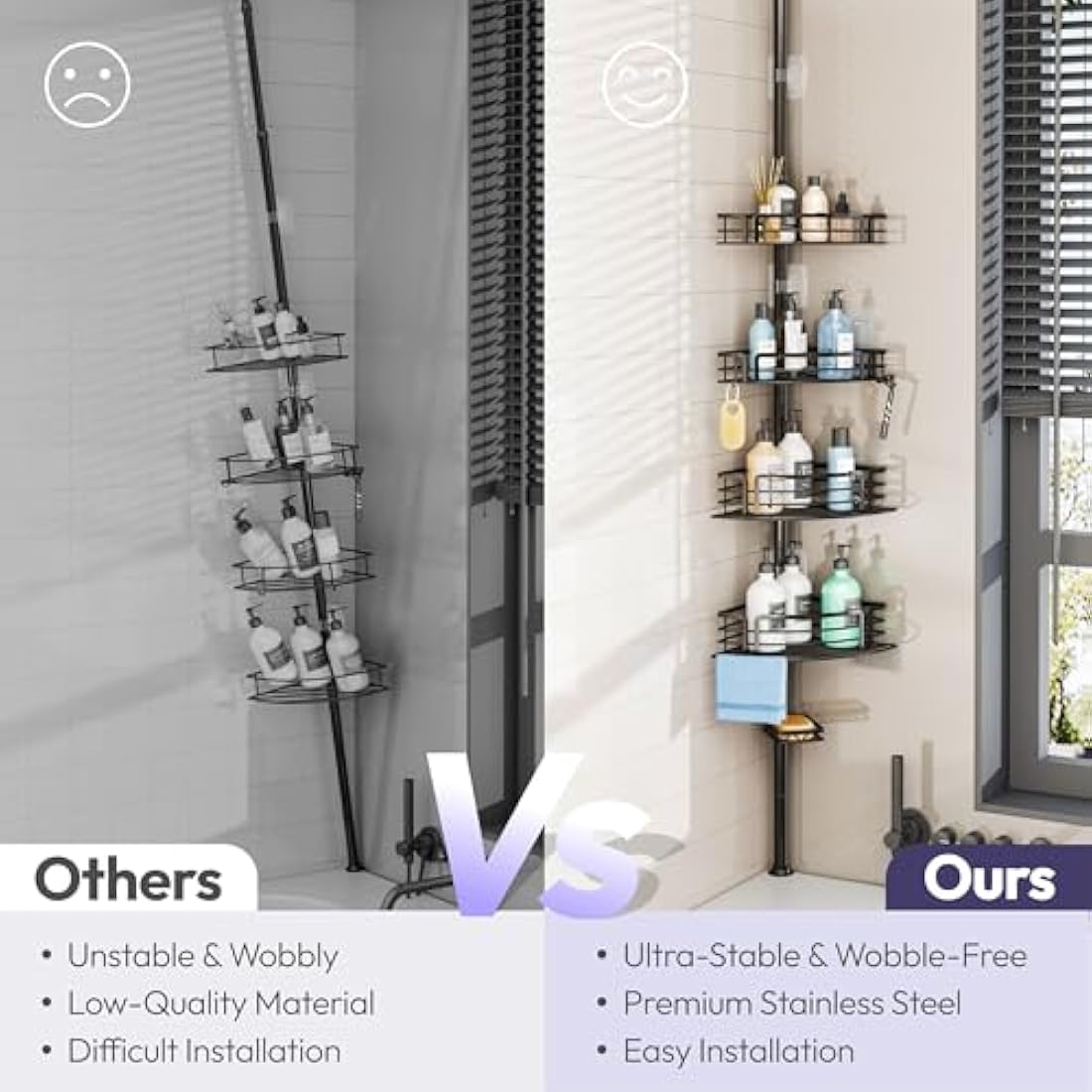 SWTYMIKI Telescopic Shower Caddy Corner - Rustproof Shower Corner Shelves with Towel Bar & Soap Holder, Adjustable No Drilling Organizer for Bathroom Storage With 4 Baskets,27.6-108.3 inch, Black