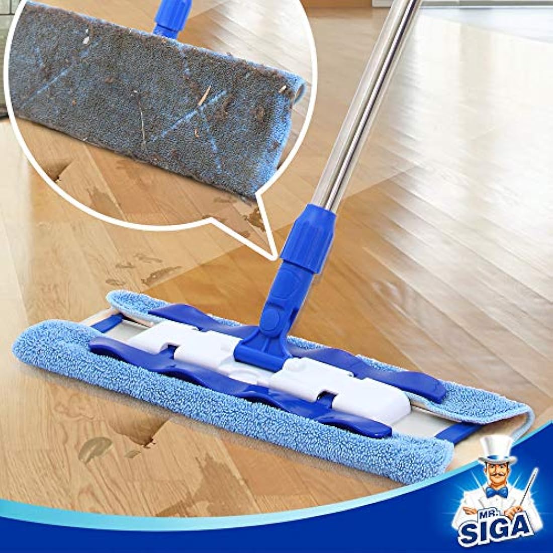 MR.SIGA Professional Microfibre Mop for Hardwood, Laminate, Tile Floor Cleaning, Stainless Steel Telescopic Handle - 3 Reusable Microfibre Cloths and 1 Dirt Removal Scrubber included