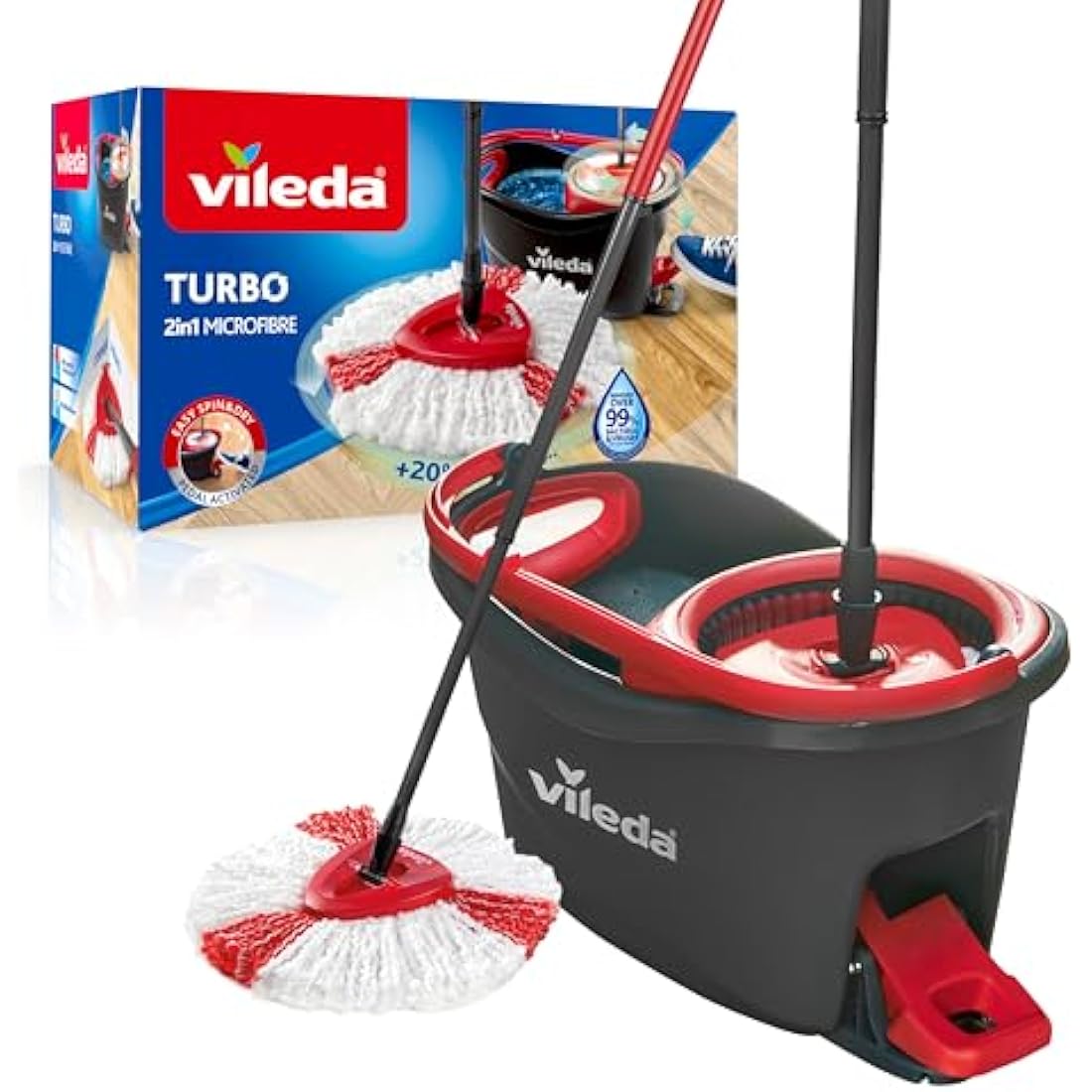 Vileda Turbo Microfibre Mop and Bucket Set, Spin Mop for Cleaning Floors, Set of 1x Mop and 1x Bucket,Grey/Red,48.5 x 27.5 x 28 cm