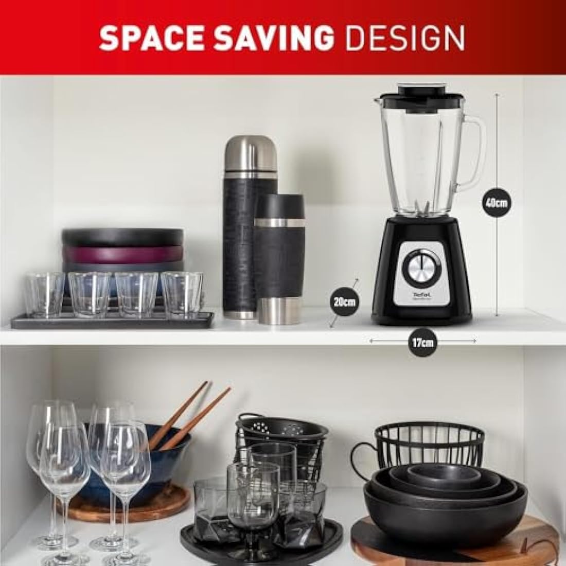 Tefal Blendforce II Blender, 2L Glass Jug, 1.25L Effective Capacity, 800W, 4 Removable Powelix Blades, Smoothie Blender, Ice Crush, 2 Speeds + Pulse Kitchen Blender, Black, BL435840