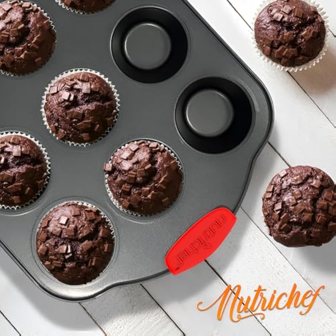Nutrichef 6-Piece Steel Nonstick Bakeware Set - Carbon Steel Baking Tray Set w/Heatsafe Red Silicone Handles, Oven Safe Up to 450°F, Loaf Muffin Round, Cookie Sheet, Baking Pan NCSBS6S , Black