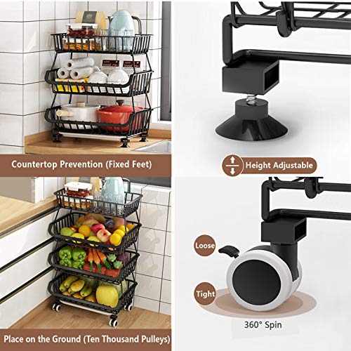 BRIAN & DANY 5 Tier Vegetable Storage Rack, Stackable Fruit Vegetable Stand with Lockable Casters and 5 S-Hooks for Kitchen, Pantry, Bathroom, Garage