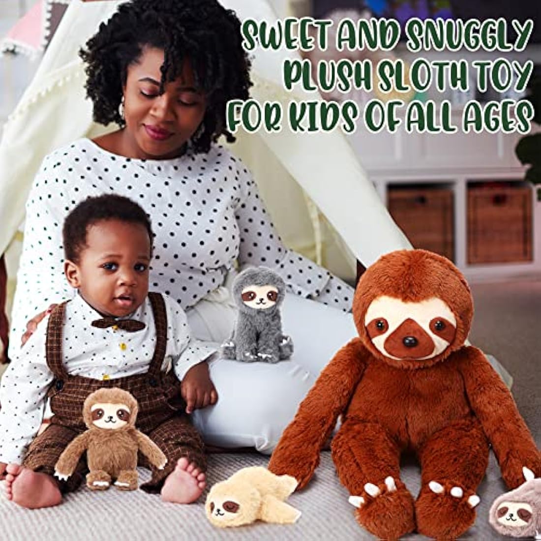 Kasyat 5 Pcs Sloth Plush Toy Set 13 Inch Mommy Sloth Stuffed Animal with 4 Cute Baby Plushies in Zippered Belly for Kids Birthday Gifts Home Decors Baby Shower Party Favors(Brown)