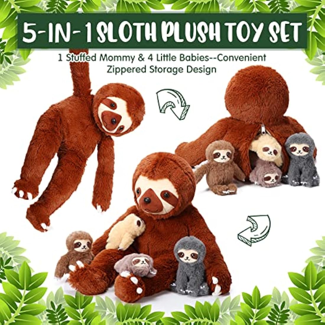 Kasyat 5 Pcs Sloth Plush Toy Set 13 Inch Mommy Sloth Stuffed Animal with 4 Cute Baby Plushies in Zippered Belly for Kids Birthday Gifts Home Decors Baby Shower Party Favors(Brown)
