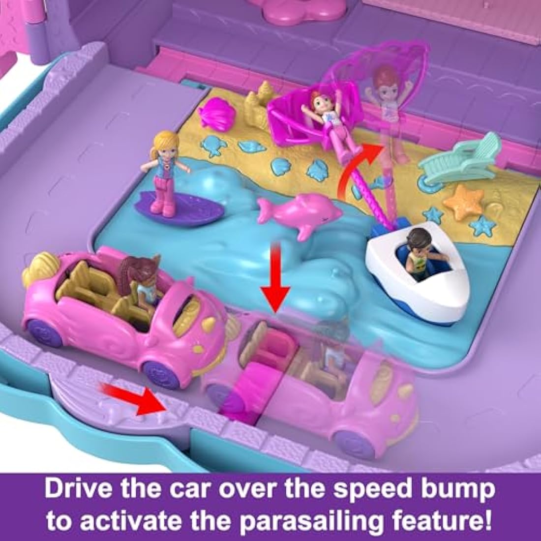 Polly Pocket Pollyville, Resort Roll Away Playset with Rolling Wheels, 5 Play Areas, 4 Dolls, 1 Vehicle, 30 Toy Accessories, Toys for Ages 4 and Up, HKV43