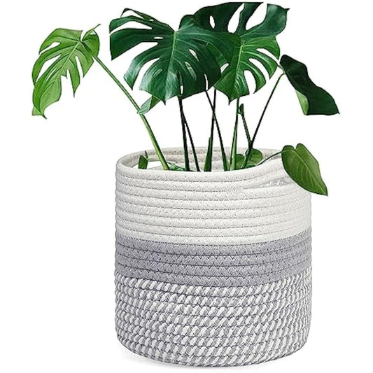 tenn well 20cm Woven Plant Pot Cover with Liner, White & Grey