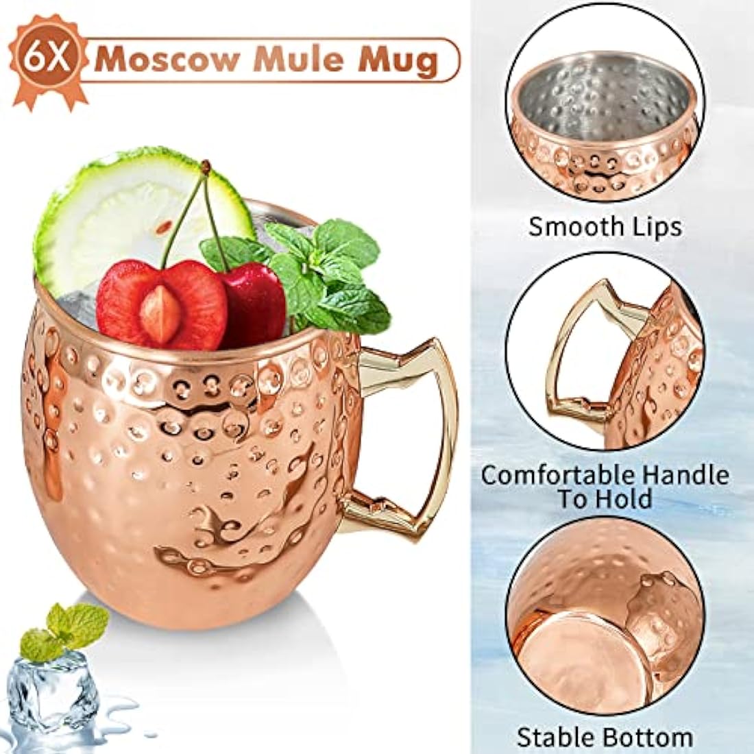 Moscow Mule Copper Mug for Cocktails 18oz/540ml Set of 6 Copper Plated Stainless Steel Moscow Mule Cups with Handle Handmade Gift Set for Chilled Cocktails Cold Drinks Beer Coffee Water (6 Packs)