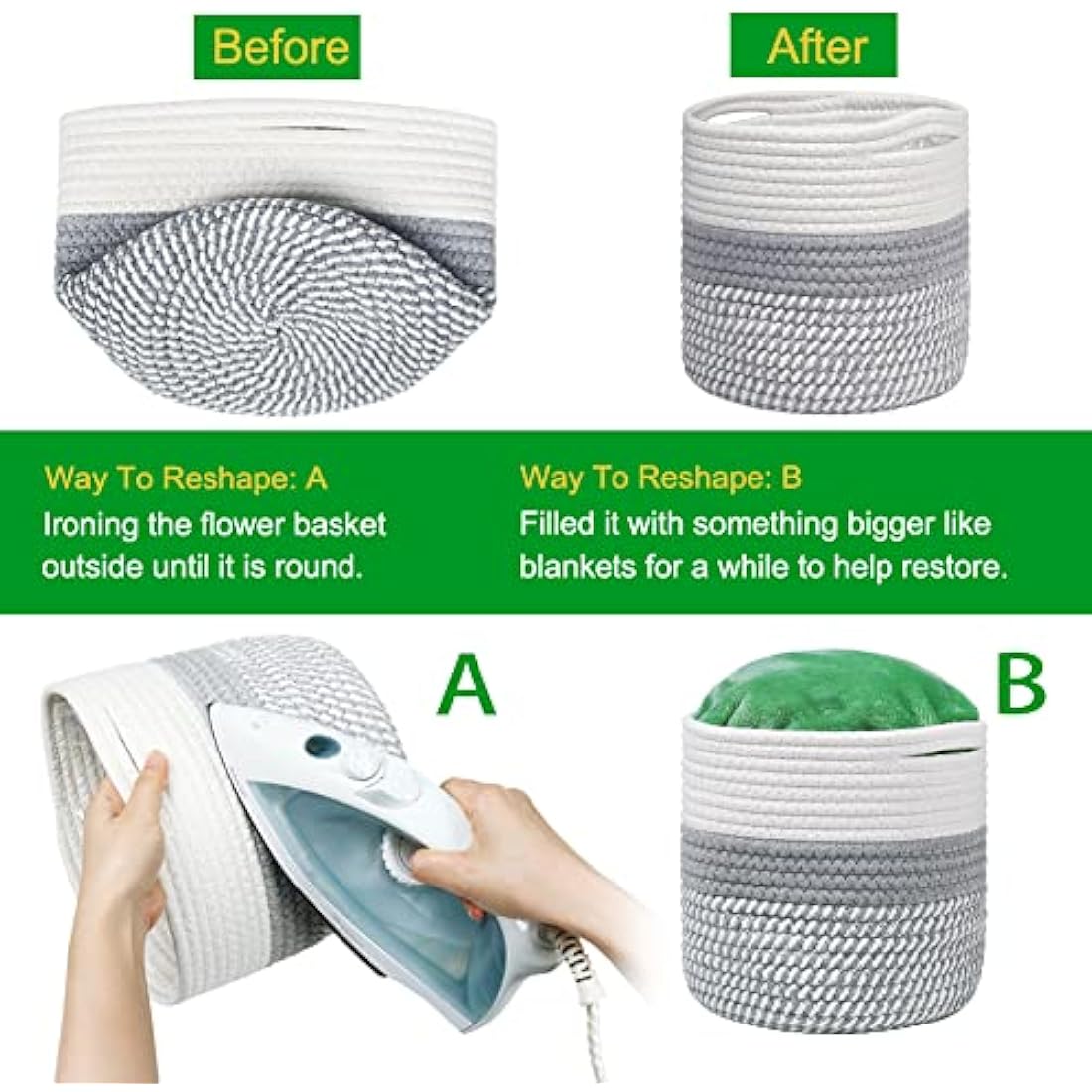 tenn well 20cm Plant Pot with Liner, Cotton Indoor Planter Woven Storage Basket for Indoor Plants Flower Pot and Home Decoration (White and Grey)
