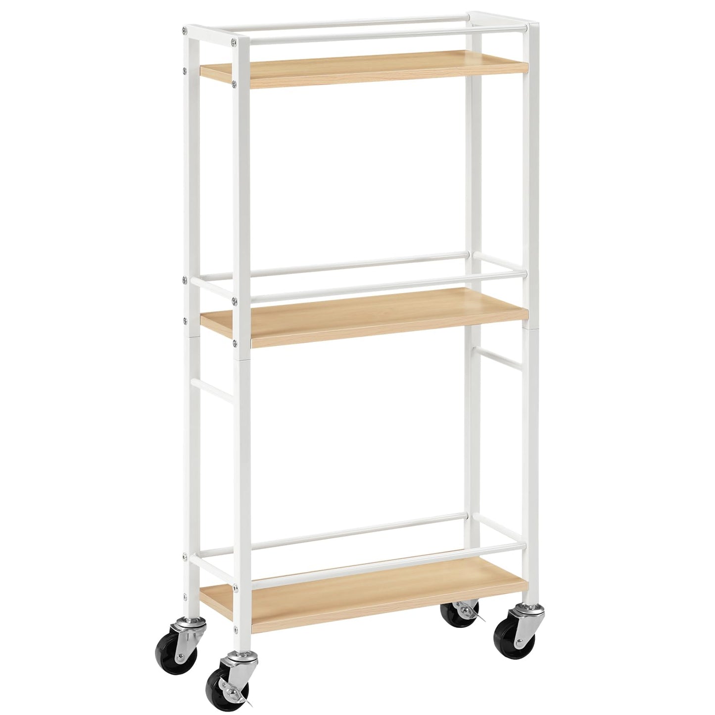 MAHANCRIS 3-Tier Slim Rolling Cart, Mobile Utility Cart on Wheels, Narrow Shelving Unit for Small Space, Wooden Kitchen Storage Rack, for Bathroom,