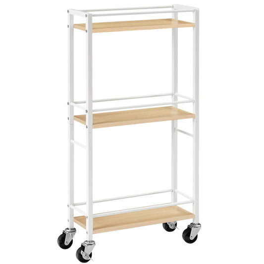 MAHANCRIS 3-Tier Slim Rolling Cart, Mobile Utility Cart on Wheels, Narrow Shelving Unit for Small Space, Wooden Kitchen Storage Rack, for Bathroom,