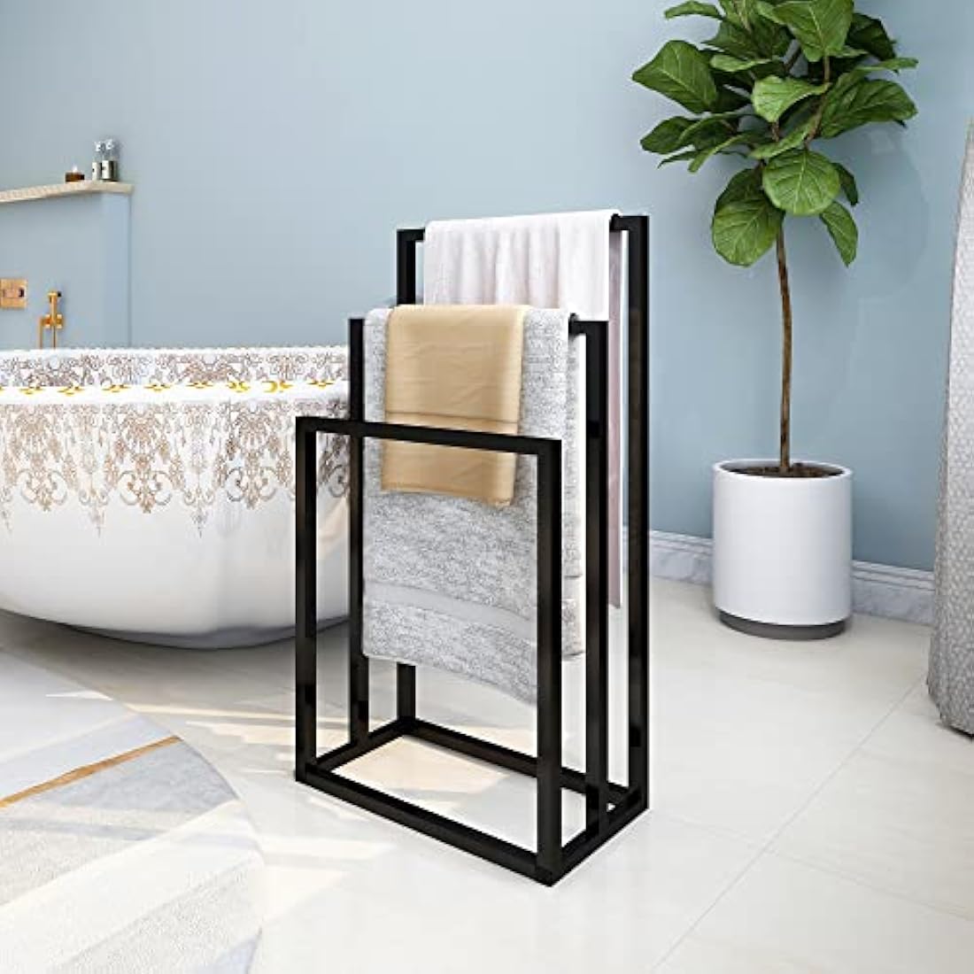 DUMEE Freestanding Towel Holder with 3 Towel Stands Rail for Bathroom Accessories Organizer, Bath & Hand Towels Storage, Black