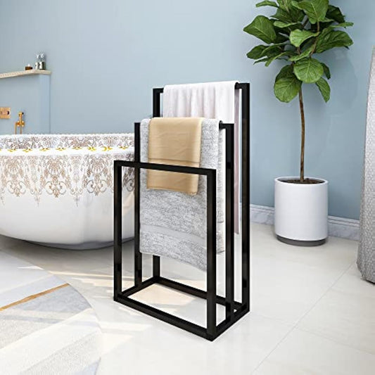 DUMEE Freestanding Towel Holder with 3 Towel Stands Rail for Bathroom Accessories Organizer, Bath & Hand Towels Storage, Black