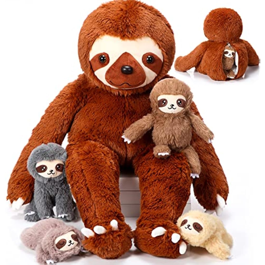 Kasyat 5 Pcs Sloth Plush Toy Set 13 Inch Mommy Sloth Stuffed Animal with 4 Cute Baby Plushies in Zippered Belly for Kids Birthday Gifts Home Decors Baby Shower Party Favors(Brown)