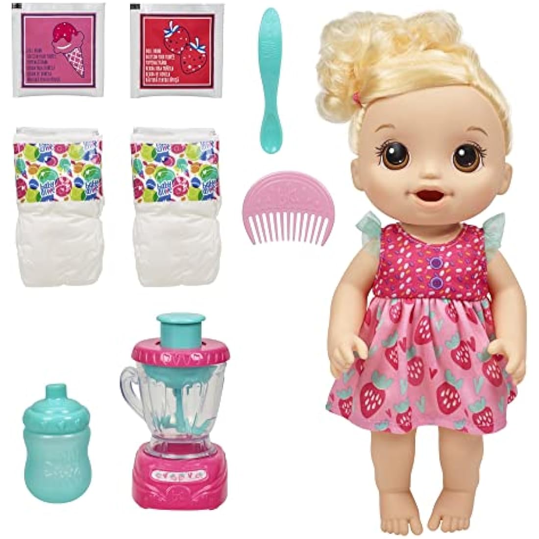 Baby Alive Magical Mixer Baby Doll Strawberry Shake with Blender Accessories, Drinks, Wets, Eats, Blonde Hair Toy for Children Aged 3 and Up
