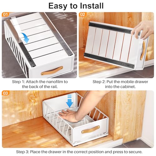 Kitstorack Pull Out Cabinet Organizer Fixed with Adhesive Nano Film, Heavy Duty Pull Out Shelf Kitchen Storage Drawer, Sliding Mesh Cabinet Basket