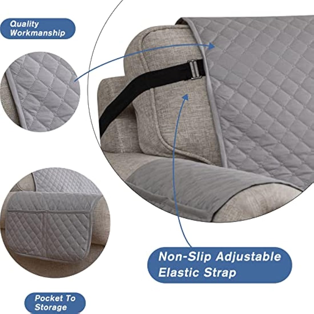 XINEAG Quilted Sofa Covers 2 Seater, Water Resistant Loveseat Covers Sofa Slipcovers with Pockets, Non Slip Sofa Cover for Dogs, Washable Furniture Protector with Elastic Strap (Loveseat, Light Grey)
