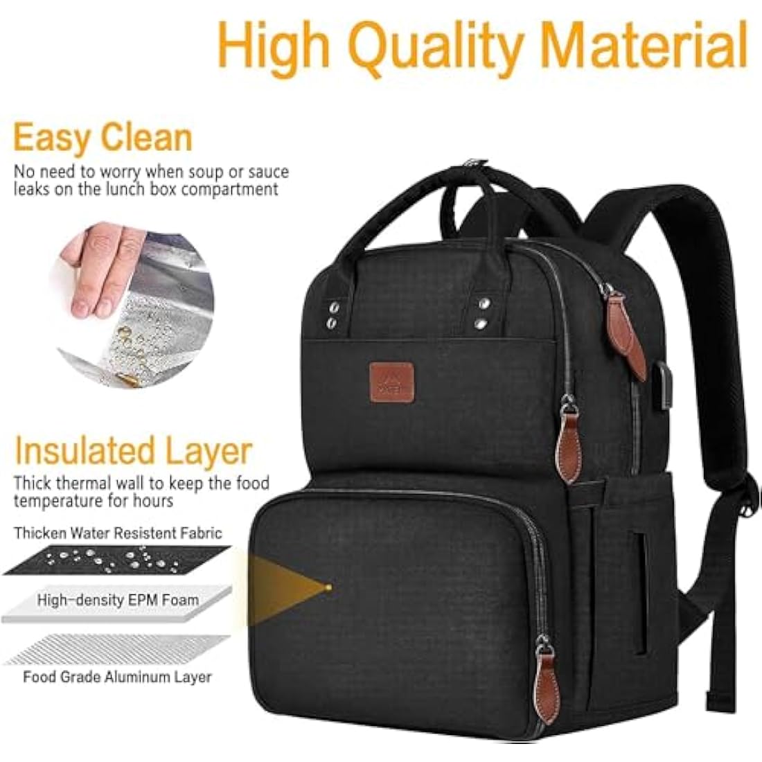 MATEIN Laptop Lunch Backpack, Picnic Backpack with Insulated Compartment, 17 Inch Ice Rucksack for Men Women with USB Port, Cooler Lunch Bag for Camping Travel Business Work, Black