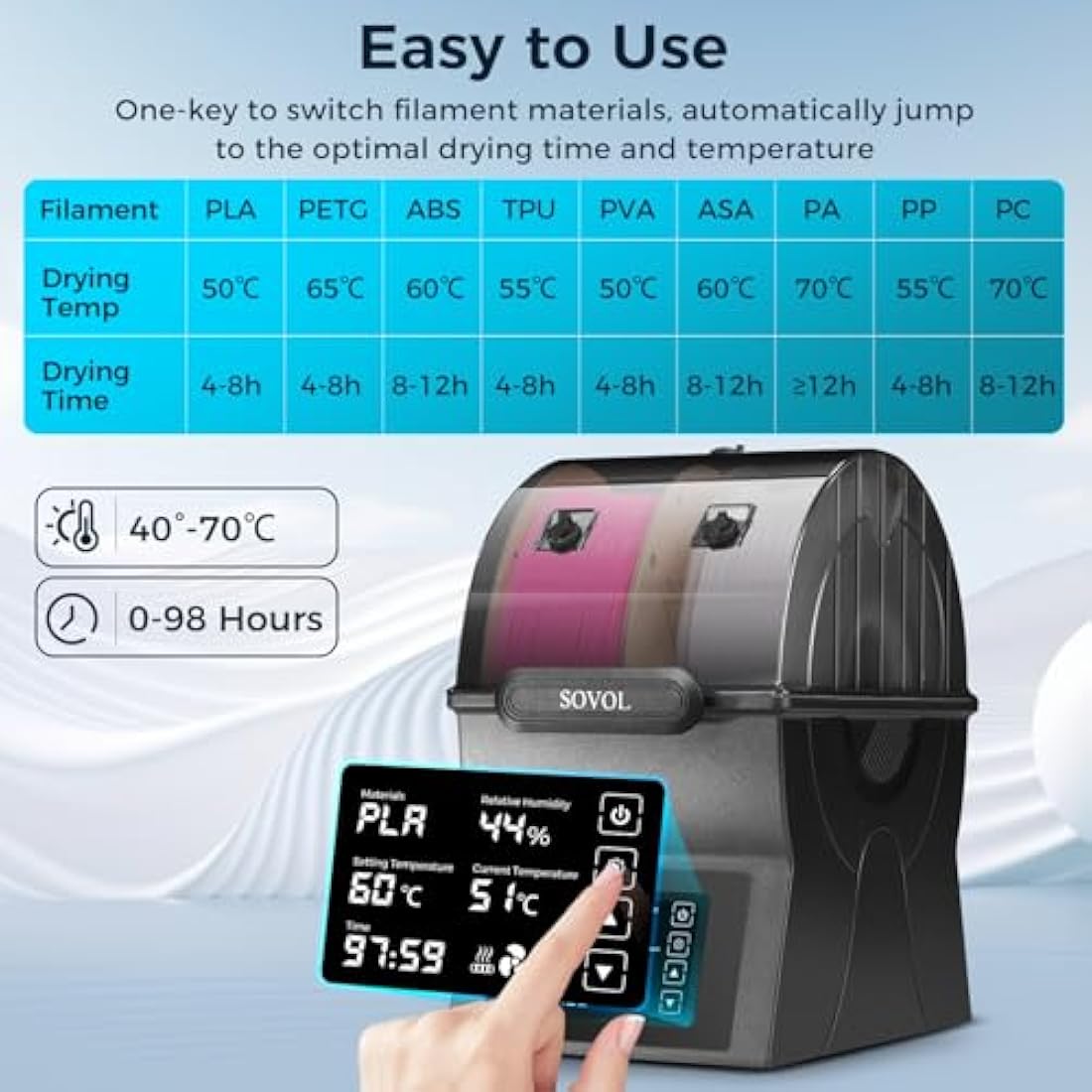 Sovol Filament Dryer, SH02 Dry Box Filament Sealed Storage Box 3D Printer Spool Holder with PTC Heater, Filament Dehydrator with Touch Screen, One Key Set, Compatible with PLA PETG TPU ABS 1.75/2.85mm