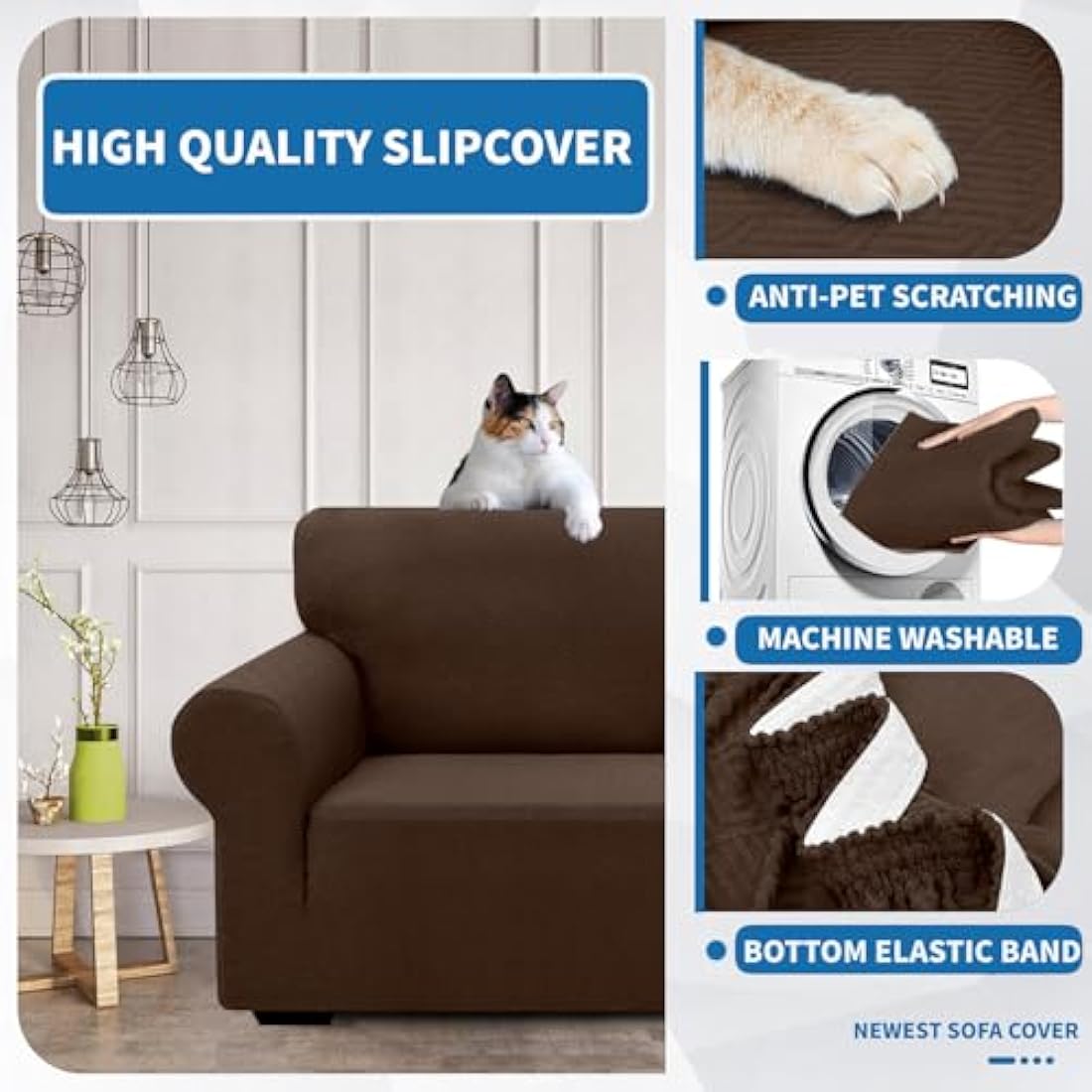 XINEAGE High Stretch Sofa Covers 3 Seater Latest Jacquard 1 Piece Sofa Slipcovers Living Room Universal Couch Covers for Dogs Pet Non Slip Sofa Furniture Protector Washable (3 Seater, Coffee)