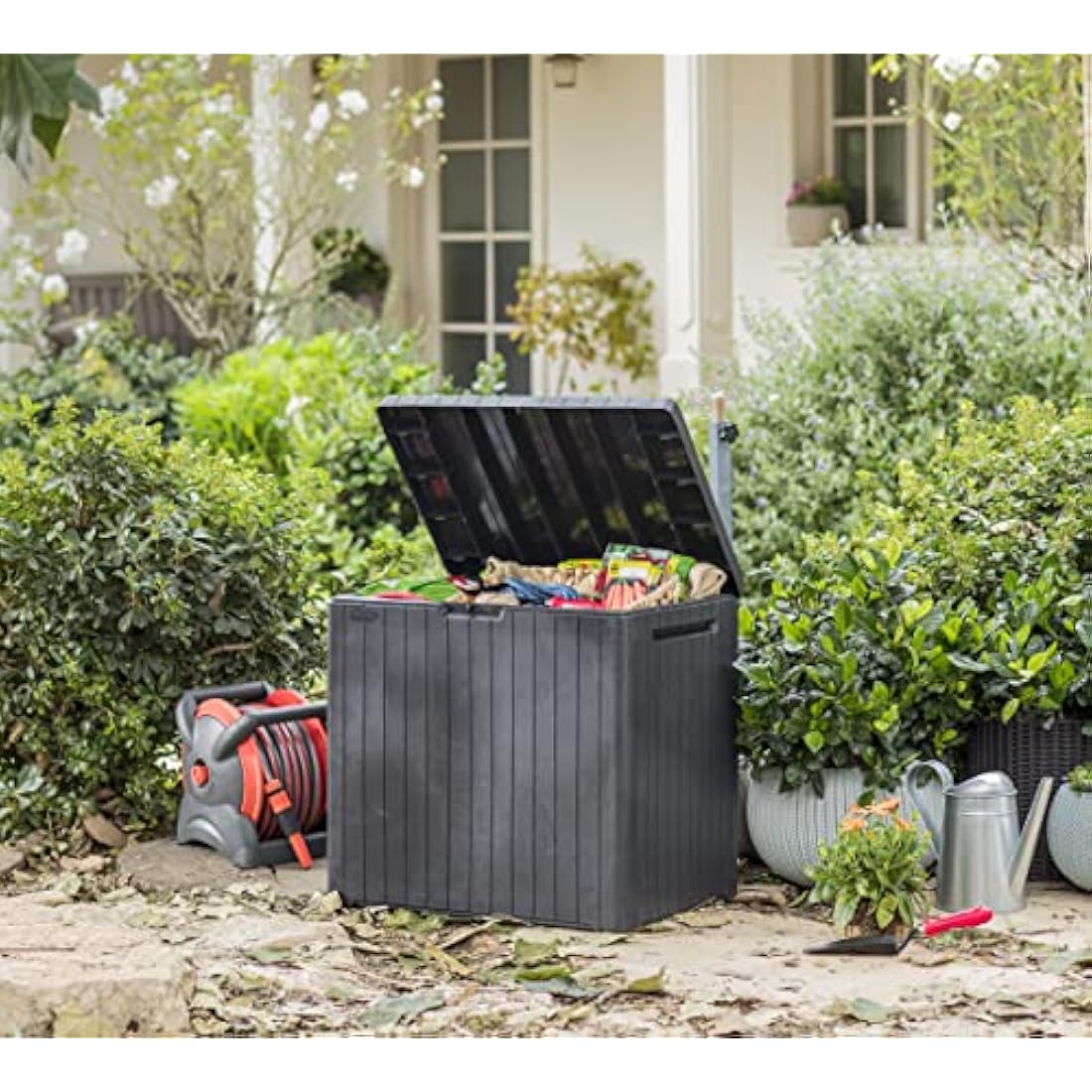 Keter City 113L Outdoor 96% recycled Small Balcony Garden Furniture Storage Box Grey Wood Panel Effect | Fade Free | All Weather Resistant | Safe and Secure | Zero Maintenance | 2 year Warranty