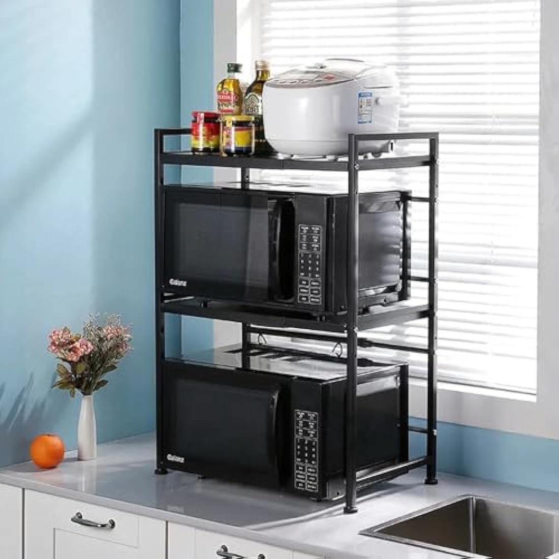 Multibao Expandable Microwave Shelf, 3 Tier Microwave oven Rack Stand Storage Holder Kitchen Corner Shelf Desktop Printer Shelf Rack, Bakers Rack (Black)
