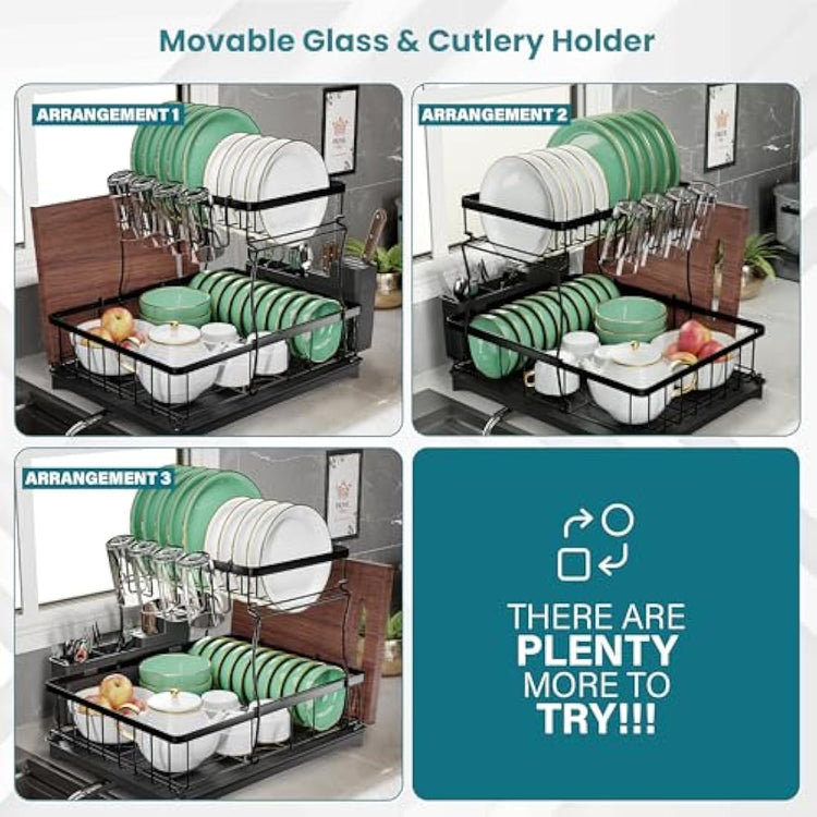 PRIME FEEL 2 Tier Dish Drainer Rack, Rustproof Dish Drying Rack for Kitchen Countertop, Draining Board Rack with Drip Tray, Cutlery Drainer, Glass Holder & Chopping Board Rack, (Black)