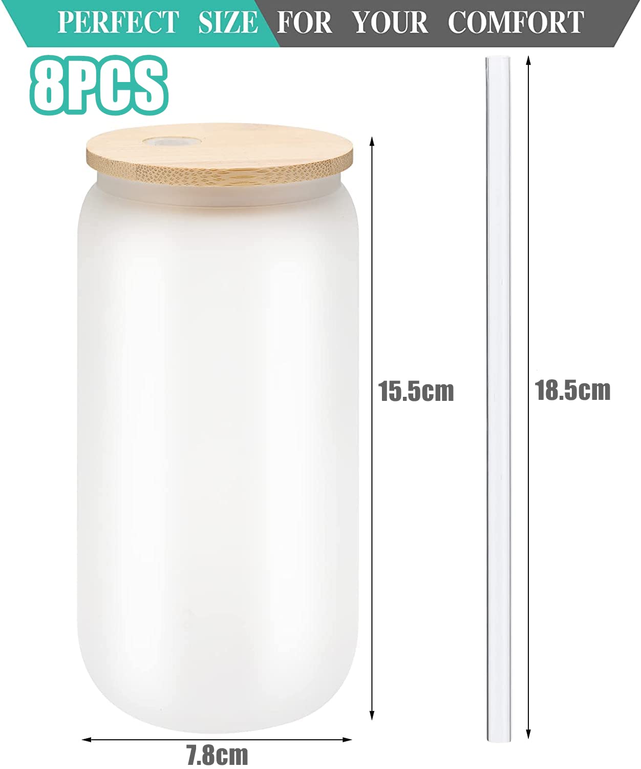 LATERN 8Pcs Sublimation Glass Cans, 520ml Frosted Sublimation Beer Can Borosilicate Glasses Tumbler Mason Jar Mug Cups with Bamboo Lids & Reusable