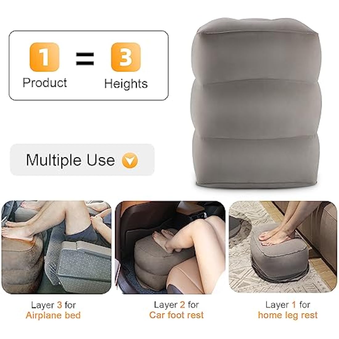 Inflatable Travel Foot Rest | Kids Airplane Bed | Adjustable Height Leg Pillow | Make a Flat Bed for Kids and Toddlers | Great for Airplane, Train, car（Grey, 2 Pack）