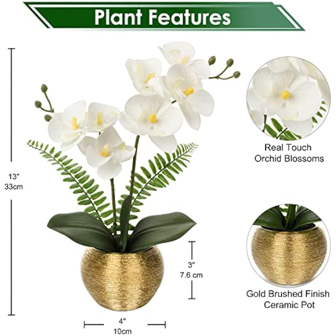 Briful Artificial White Orchid Plant in Gold Ceramic Pot, 12-Inch