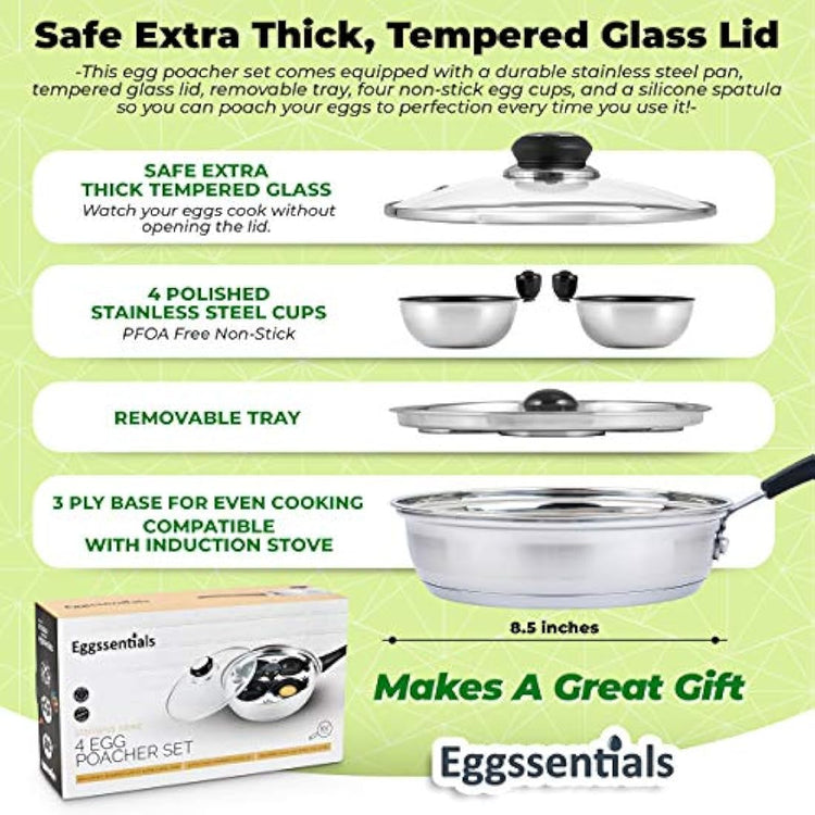 Eggssentials Poached Egg Maker - Nonstick 4 Egg Poaching Cups - Stainless Steel Egg Poacher Pan FDA Certified Food Grade Safe PFOA Free with Bonus Spatula