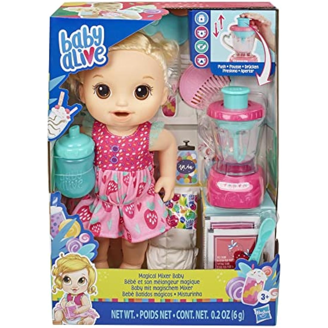 Baby Alive Magical Mixer Baby Doll Strawberry Shake with Blender Accessories, Drinks, Wets, Eats, Blonde Hair Toy for Children Aged 3 and Up