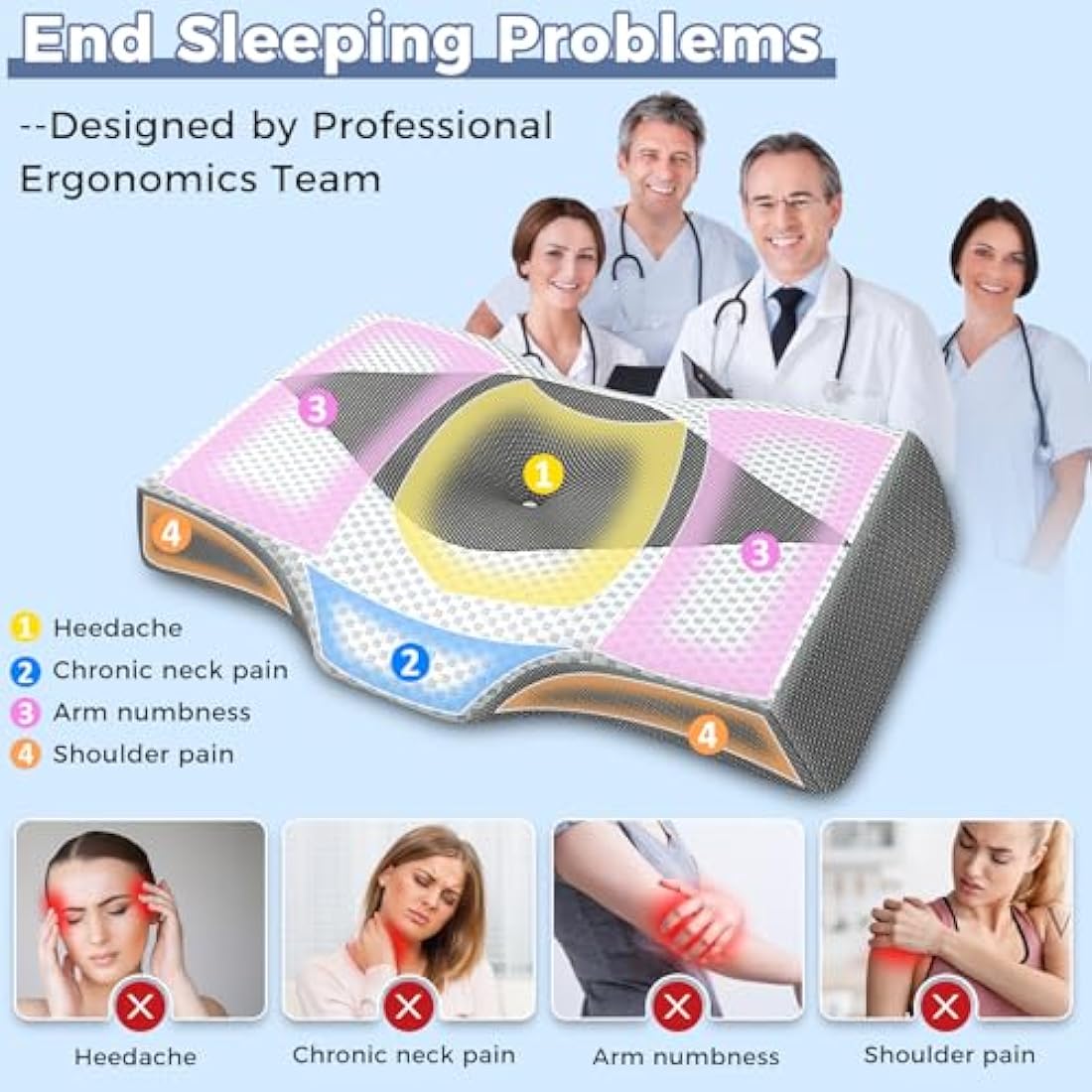 Hydomi Memory Foam Cervical Pillow for Neck and Shoulder Pain: Orthopedic Neck Support Pillows for Sleeping with Hollow Design Ear Pain Free- Ergonomic Bed Bolster Pillow for Side/Back&Stomach Sleeper