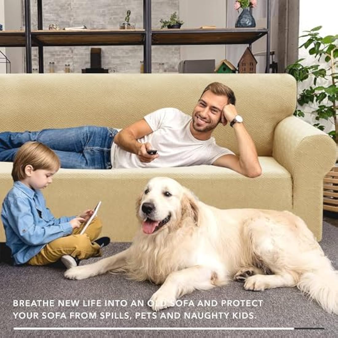 XINEAGE High Stretch Sofa Covers 4 Seater Latest Jacquard Extra Large Couch Covers for Dogs Pet 1 Piece Sofa Slipcovers Living Room Non Slip Couch Furniture Protector Washable (4 Seater, Beige)