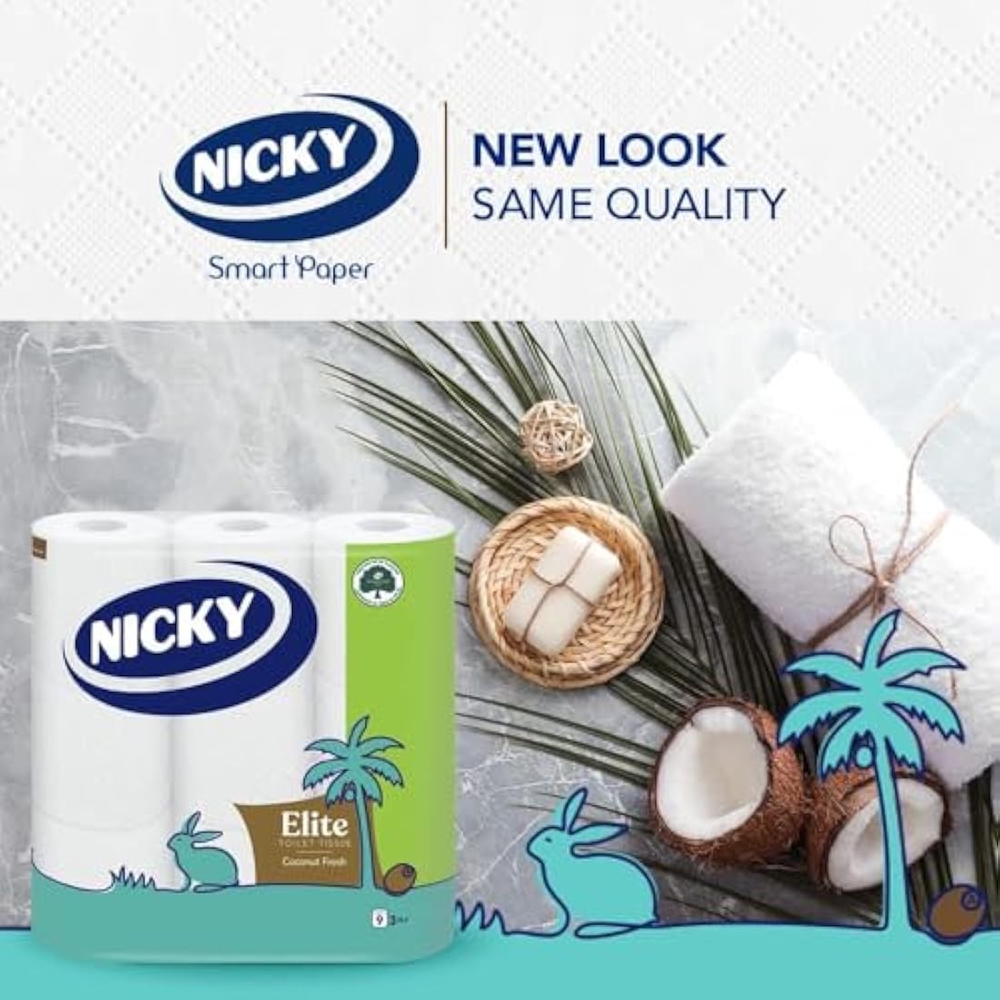 Nicky Elite Coconut Fresh Toilet Tissue - 45 Rolls of White Toilet Paper, 168 Sheets per Roll, 3-Ply, Exotic Coconut Scent, Softeness and Comfort to the Skin, 100% FSC Certified Paper, Easy Open Pack