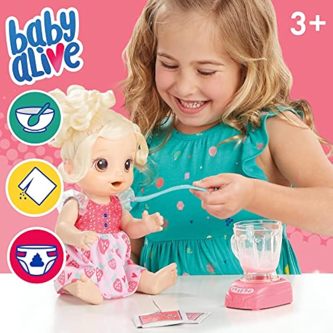 Baby Alive Magical Mixer Baby Doll Strawberry Shake with Blender Accessories, Drinks, Wets, Eats, Blonde Hair Toy for Children Aged 3 and Up